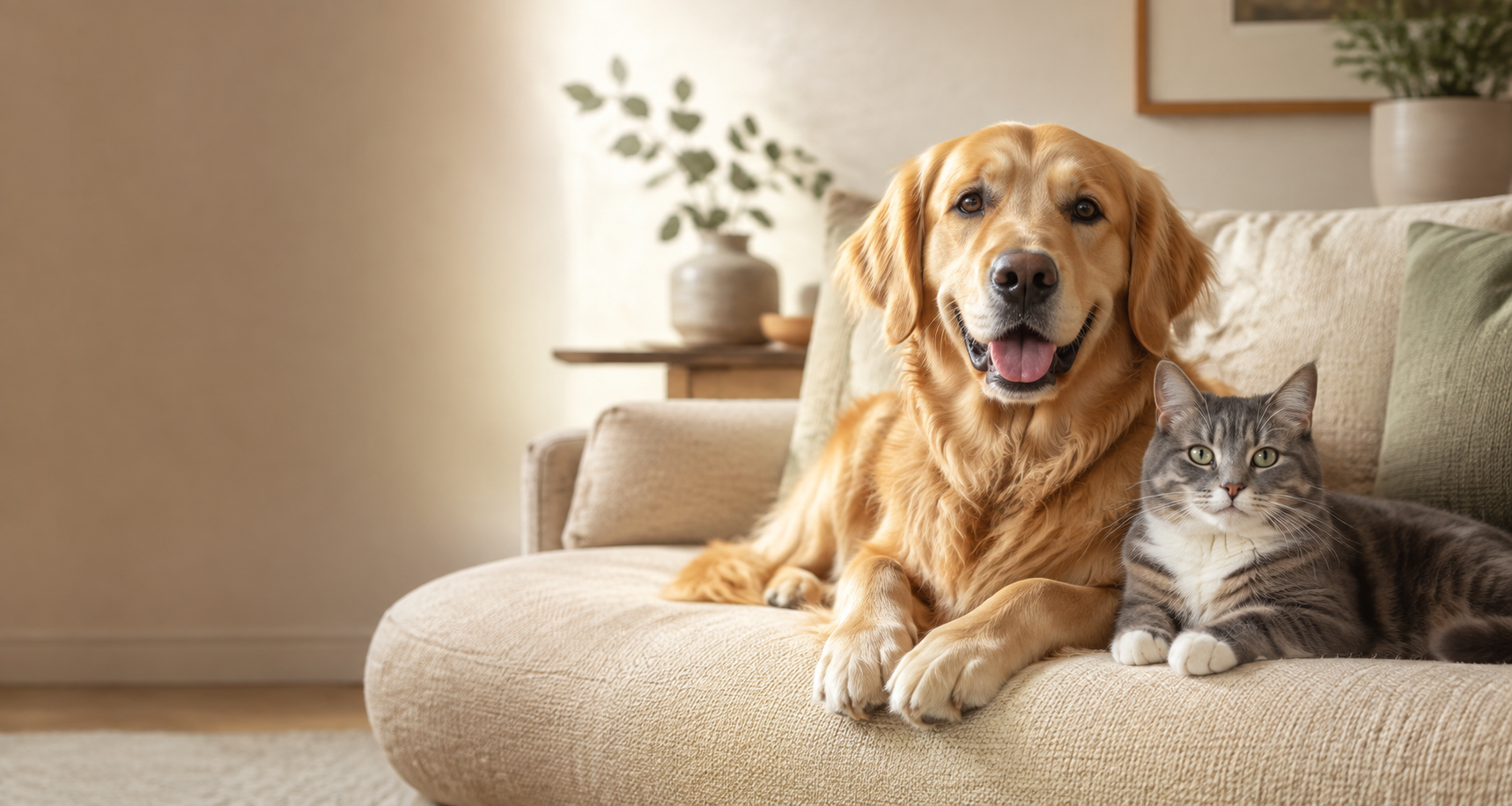A golden retriever and cat relaxing on a clean sofa